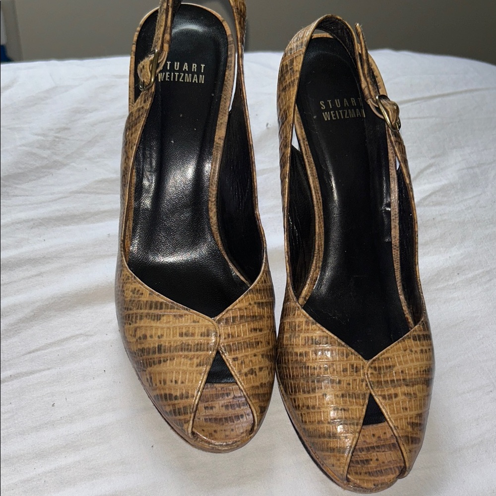 Stuart Weitzman Tan Textured Peep-Toe Heels USA Size 8W